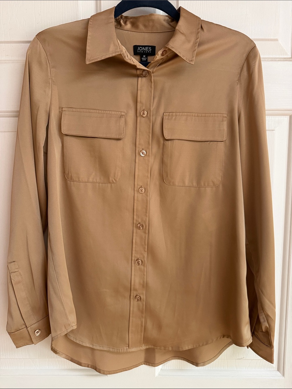 Jones New York Camel/Tan Button-Front Long Sleeve Blouse